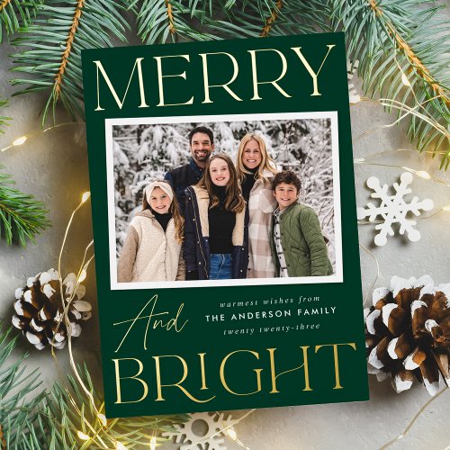 Modern Snapshot Green Merry and Bright Photo Foil Holiday Card