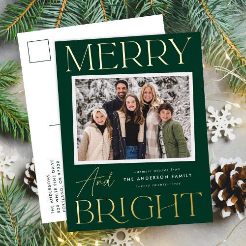 Modern Snapshot Green Merry and Bright Photo Foil Holiday Postcard