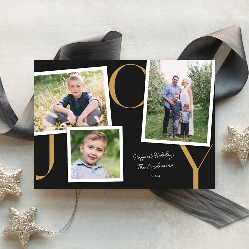 Modern Snapshot JOY 3 Photo Christmas Black Holiday Card