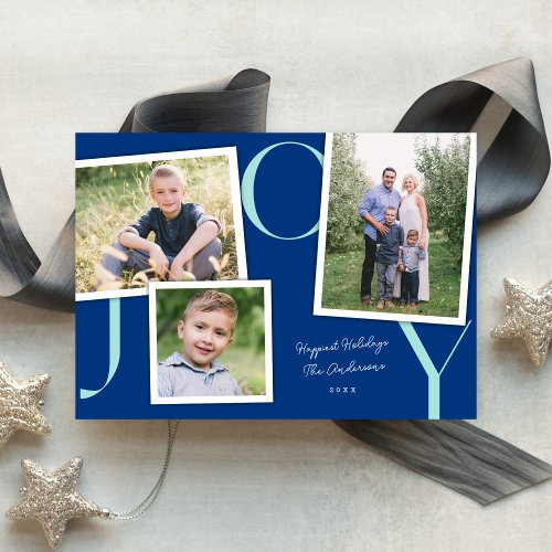 Modern Snapshot JOY 3 Photo Christmas Blue Holiday Card