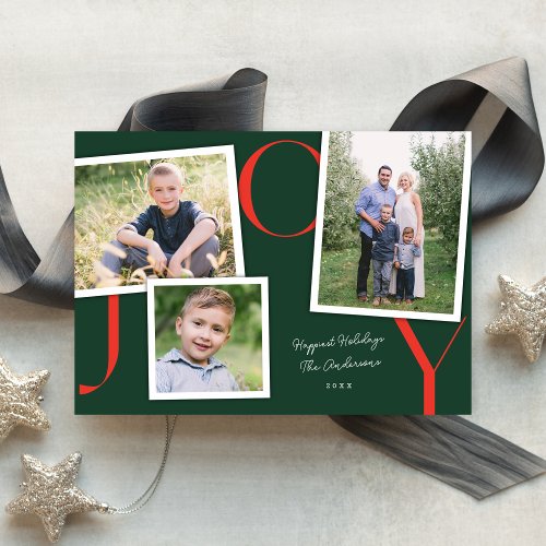 Modern Snapshot JOY 3 Photo Christmas Green Holiday Card