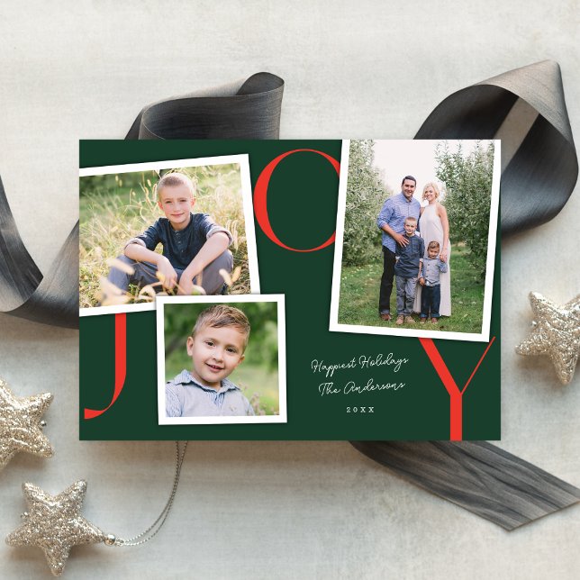 Modern Snapshot JOY 3 Photo Christmas Green Holiday Card (Creator Uploaded)