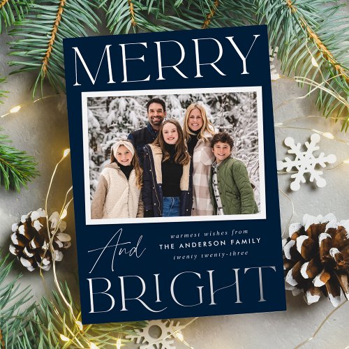 Modern Snapshot Navy Merry and Bright Photo Foil Holiday Card