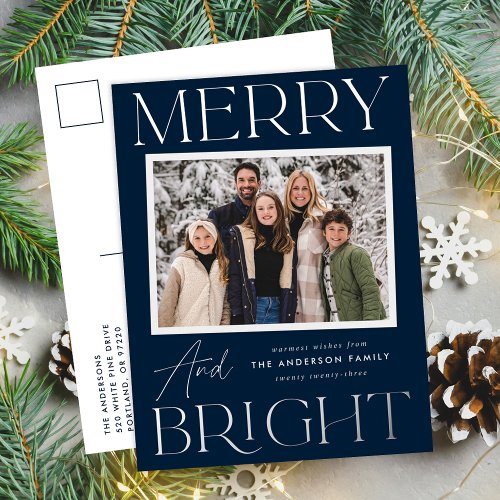 Modern Snapshot Navy Merry and Bright Photo Foil Holiday Postcard