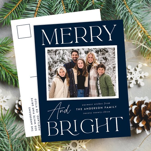 Modern Snapshot Navy Merry and Bright Photo Holiday Postcard