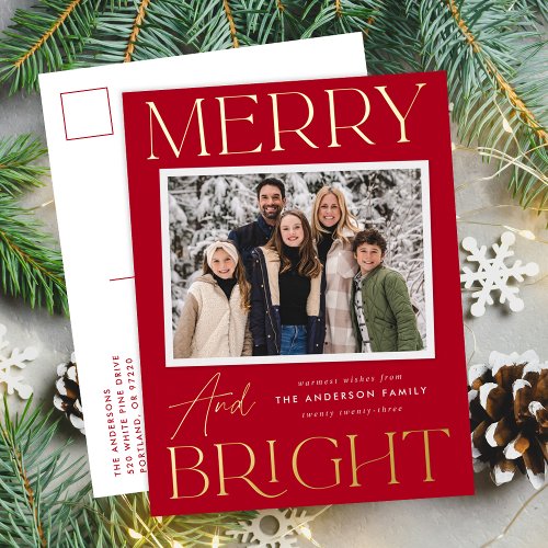 Modern Snapshot Red Merry and Bright Photo Foil Holiday Postcard
