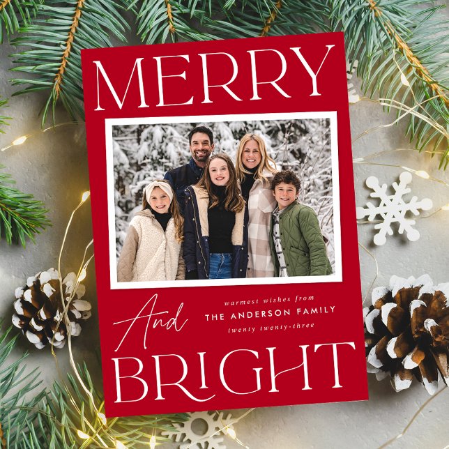 Modern Snapshot Red Merry and Bright Photo Holiday Card (Creator Uploaded)