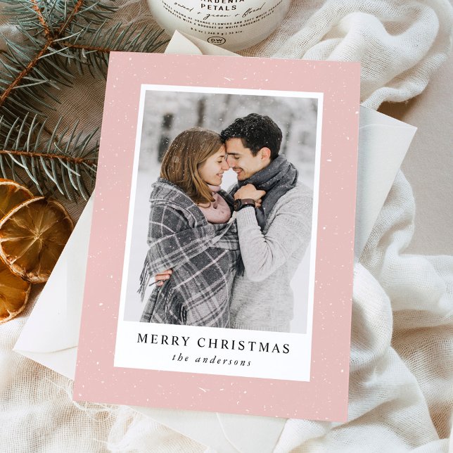 Modern Snow Flurries Blush Pink Photo Holiday Card (Creator Uploaded)