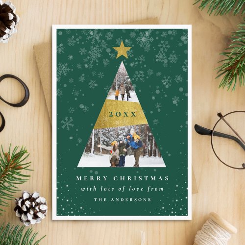 Modern Snow  Gold Foil Christmas Tree Photo Frame Invitation