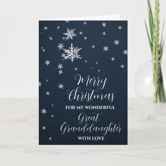 Modern Snow Great Granddaughter Merry Christmas Card (Front)