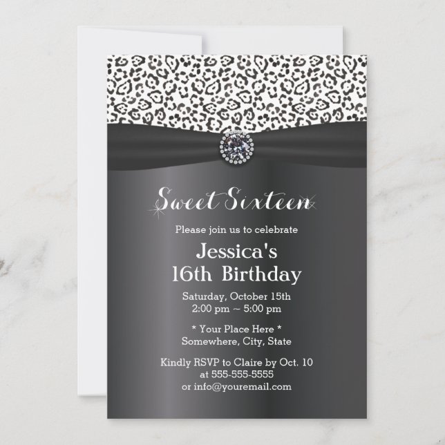 Modern Snow Leopard Black Ribbon Sweet 16 Invitation (Front)