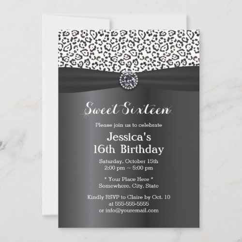 Modern Snow Leopard Black Ribbon Sweet 16 5x7 Paper Invitation Card