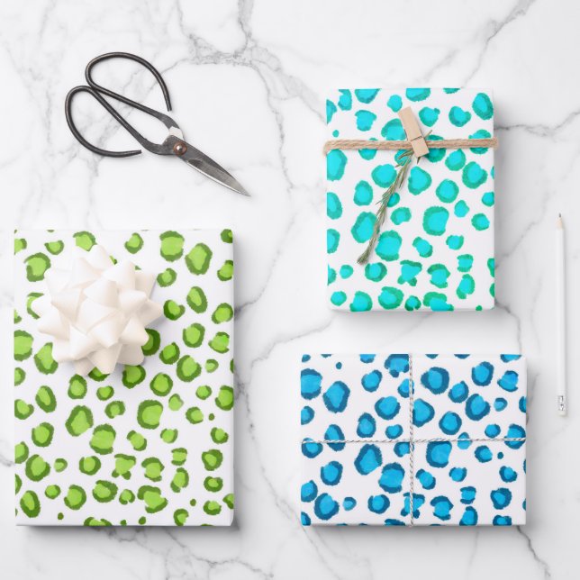Modern Snow Leopard Blue Green Animal Print Wrapping Paper Sheets (Front)