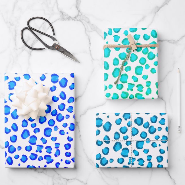 Modern Snow Leopard Blue Green Animal Print Wrapping Paper Sheets (Front)