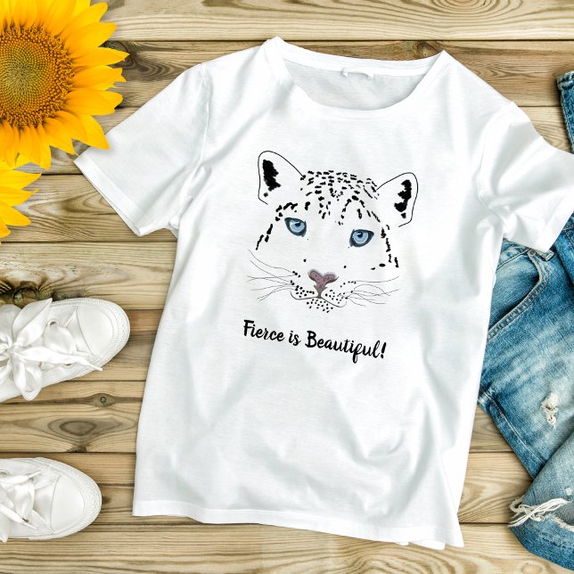 Modern Snow Leopard Drawing Fierce is Beautiful T-Shirt (Creator Uploaded)