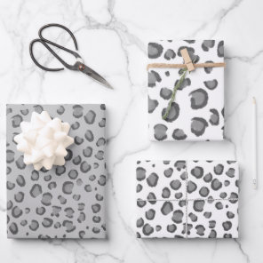 Modern Snow Leopard Gray Black White Animal Print Wrapping Paper Sheets