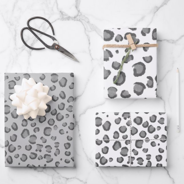 Modern Snow Leopard Gray Black White Animal Print Wrapping Paper Sheets (Front)