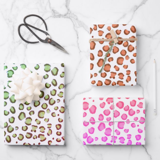 Modern Snow Leopard Red Pink Green Animal Print Wrapping Paper Sheets (Front)