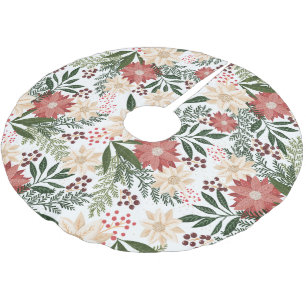 Modern Snow Poinsettia & Green Botanical Christmas Brushed Polyester Tree Skirt