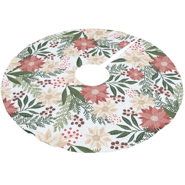 Modern Snow Poinsettia & Green Botanical Christmas Brushed Polyester Tree Skirt (Angled)