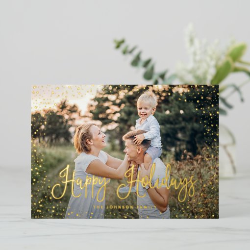 Modern Snow Script 2 Photo Foil Holiday Card | Zazzle