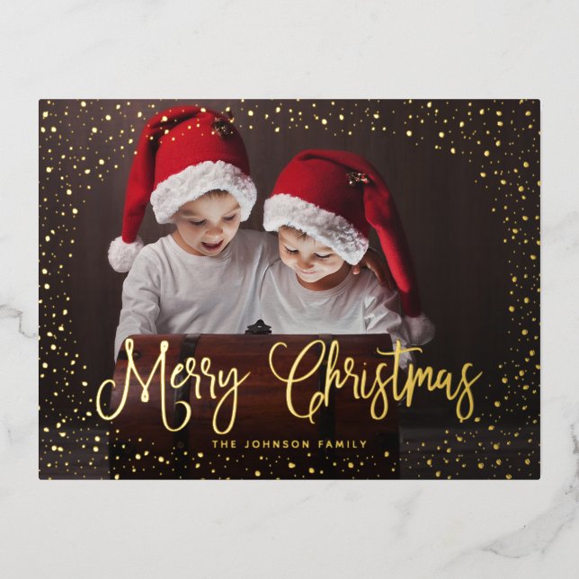 Modern Snow Script 2 Photo Foil Holiday Postcard (Front)