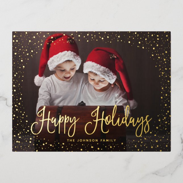 Modern Snow Script 2 Photo Foil Holiday Postcard (Front)