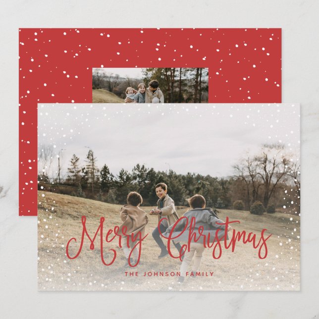 Modern Snow Script 2 Photo Holiday Card (Front/Back)