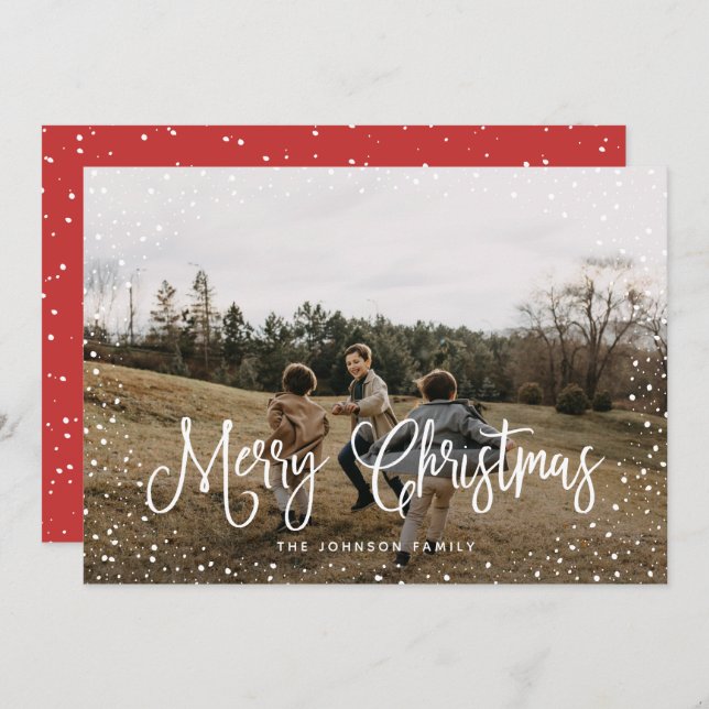 Modern Snow Script 2 Photo Holiday Card (Front/Back)