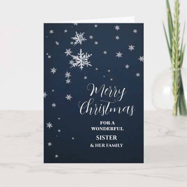Modern Snow Sister & Family Merry Christmas Card (Front)