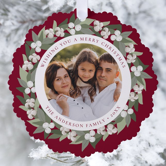 Modern Snowberry Greenery Wreath Burgundy Photo Ornament Card (Creator Uploaded)