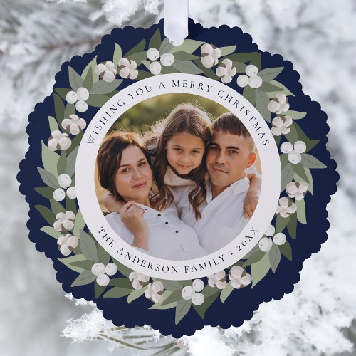Modern Snowberry Greenery Wreath Navy Photo Ornament Card