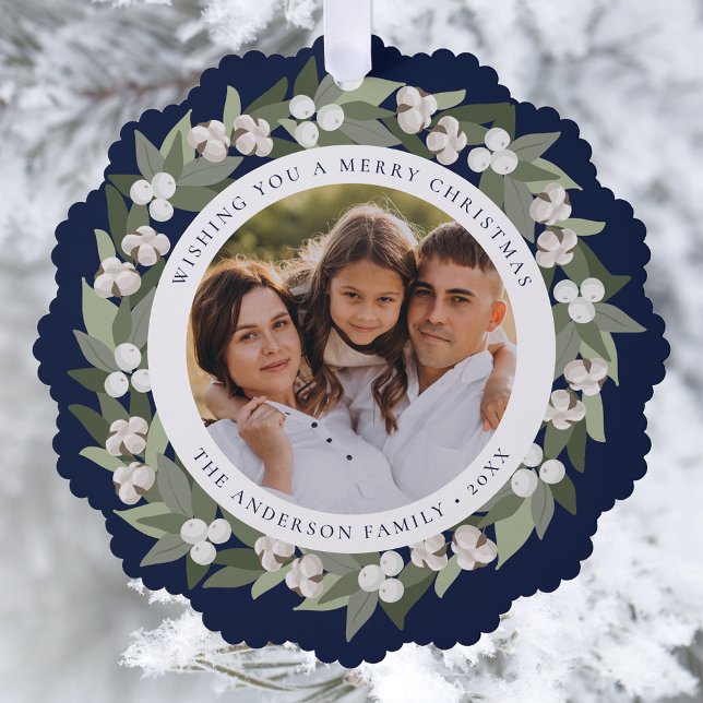 Modern Snowberry Greenery Wreath Navy Photo Ornament Card (Creator Uploaded)
