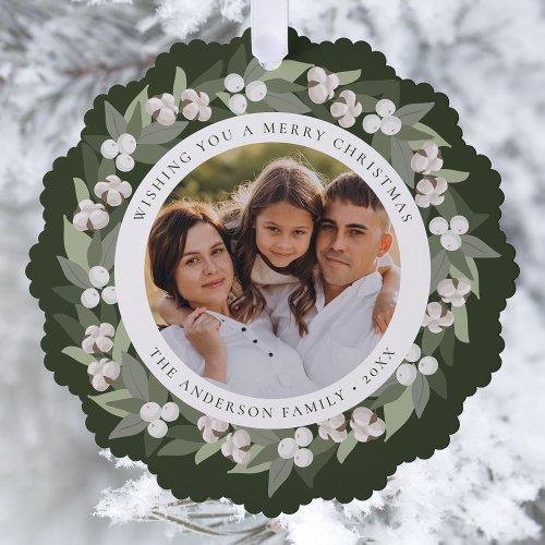 Modern Snowberry Greenery Wreath Photo Ornament Card