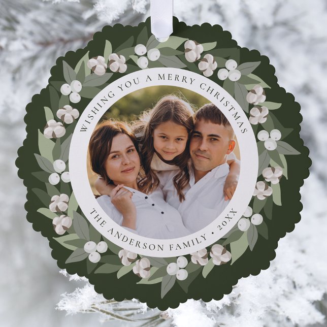Modern Snowberry Greenery Wreath Photo Ornament Card (Creator Uploaded)