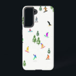 Modern Snowboarding Illustration   Samsung Galaxy S21 Case<br><div class="desc">Cool whimsical illustration art of colorful snowboarders,  snowboarding downhill in mountains among pine,  spruce,  and pine trees on fresh snow powder. Snowboard and Xmas outdoor sport in a winter forest. Snowboarder gifts. Snowboarding design for him</div>