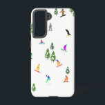 Modern Snowboarding Illustration   Samsung Galaxy S21 Case<br><div class="desc">Cool whimsical illustration art of colorful snowboarders,  snowboarding downhill in mountains among pine,  spruce,  and pine trees on fresh snow powder. Snowboard and Xmas outdoor sport in a winter forest. Snowboarder gifts. Snowboarding design for him</div>