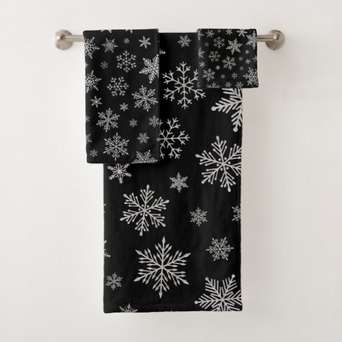 Modern Snowflake 2 _Black  Silver Grey_ Bath Towel Set