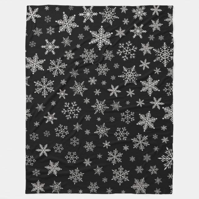 Modern Snowflake 2 -Black & Silver Grey- Fleece Blanket (Front)