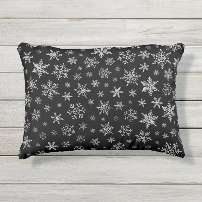 Modern Snowflake 2 -Black & Silver Grey- Outdoor Pillow (Front)