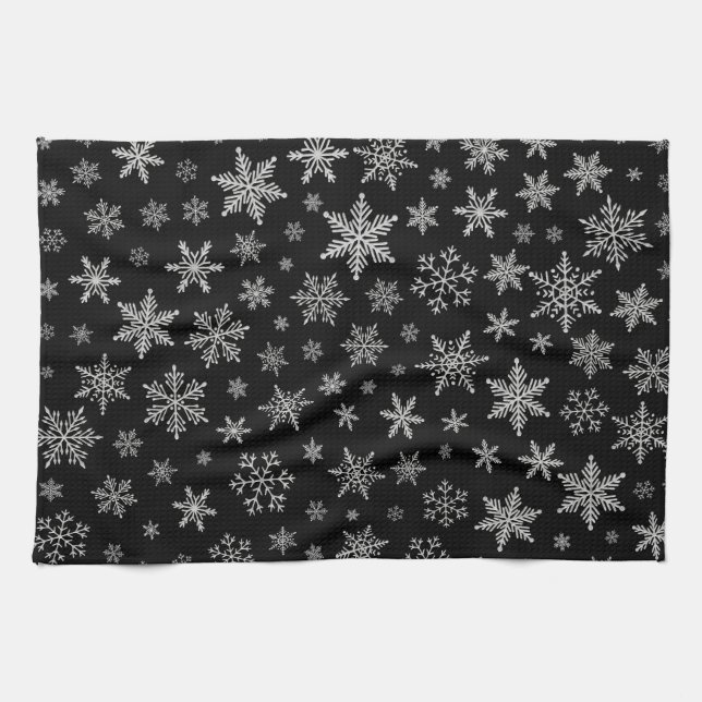 Modern Snowflake 2 -Black & Silver Grey- Towel (Horizontal)