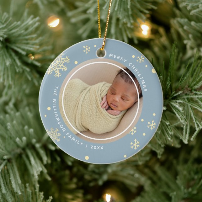 Modern Snowflake 2 Photos Ceramic Ornament (Tree)