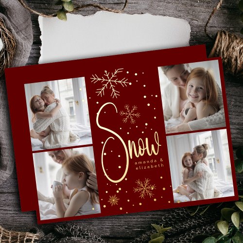 Modern Snowflake 4 Family Pictures Christmas 2023 Foil Holiday Card