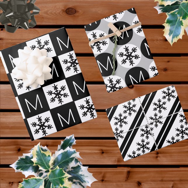 Modern Snowflake Add Monogram Black And White Wrapping Paper Sheets (Creator Uploaded)
