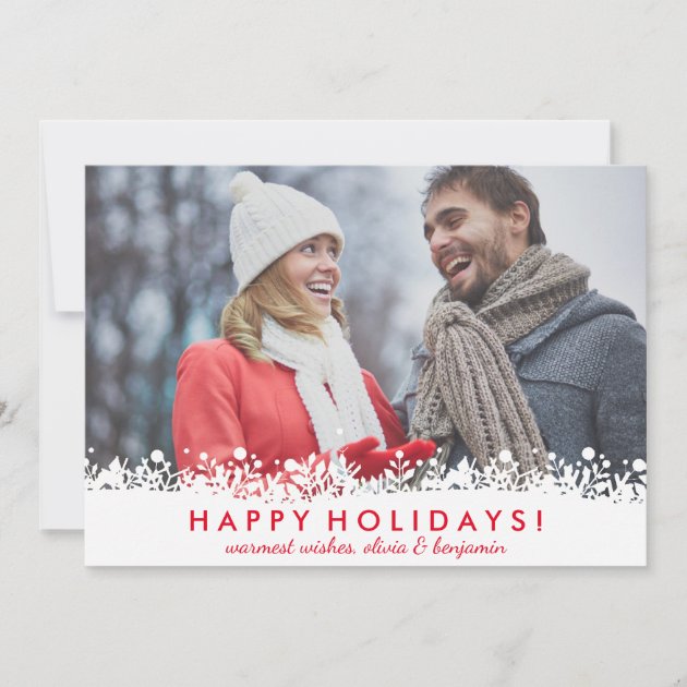 Modern Snowflake Berry Border Happy Holidays Photo Holiday Card