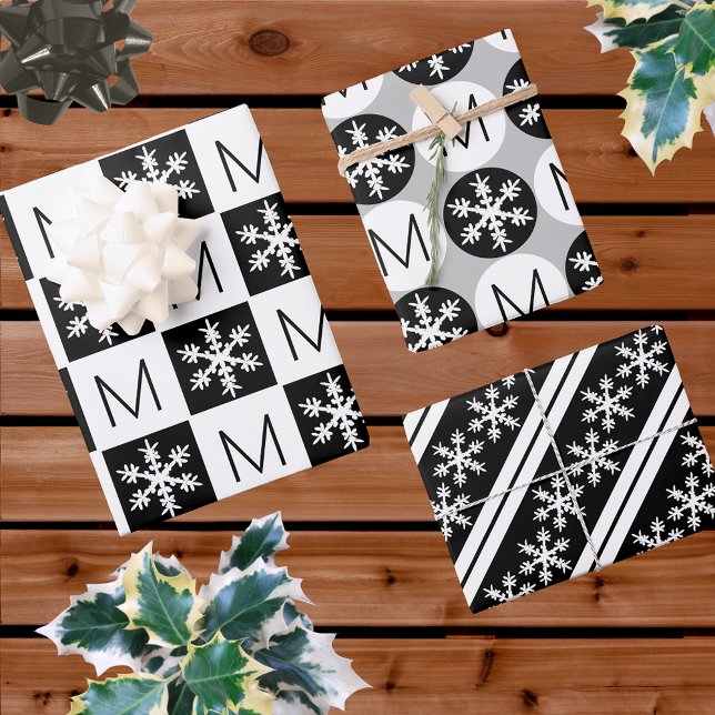 Modern Snowflake Black And White Add Monogram Wrapping Paper Sheets (Creator Uploaded)