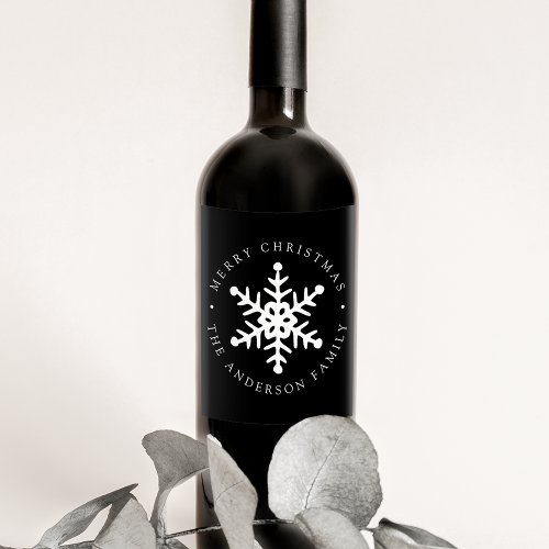 Modern Snowflake Black Holiday Wine Label