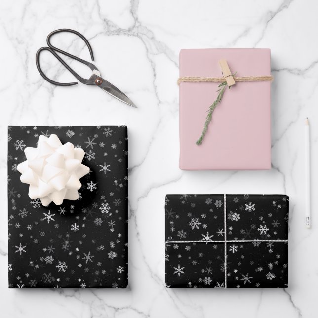 Modern Snowflake Black Pink Pattern Christmas Wrap Wrapping Paper Sheets (Front)