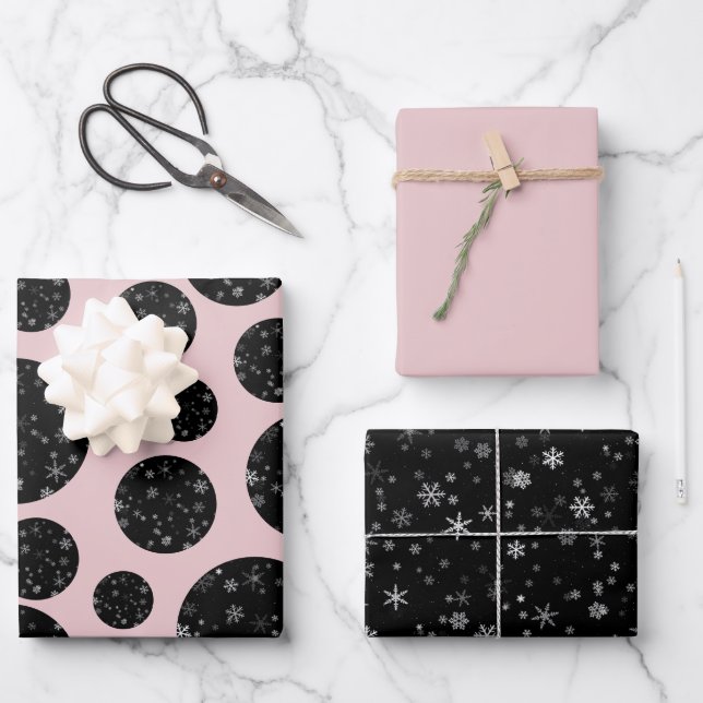 Modern Snowflake Black Pink Pattern Christmas Wrapping Paper Sheets (Front)