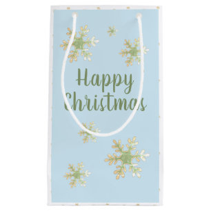 Modern Snowflake Blue Script Happy Christmas Small Gift Bag